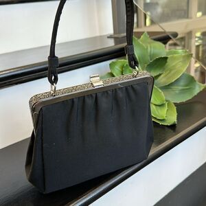 L and M vintage-look like new evening bag satchel purse black silver canvas